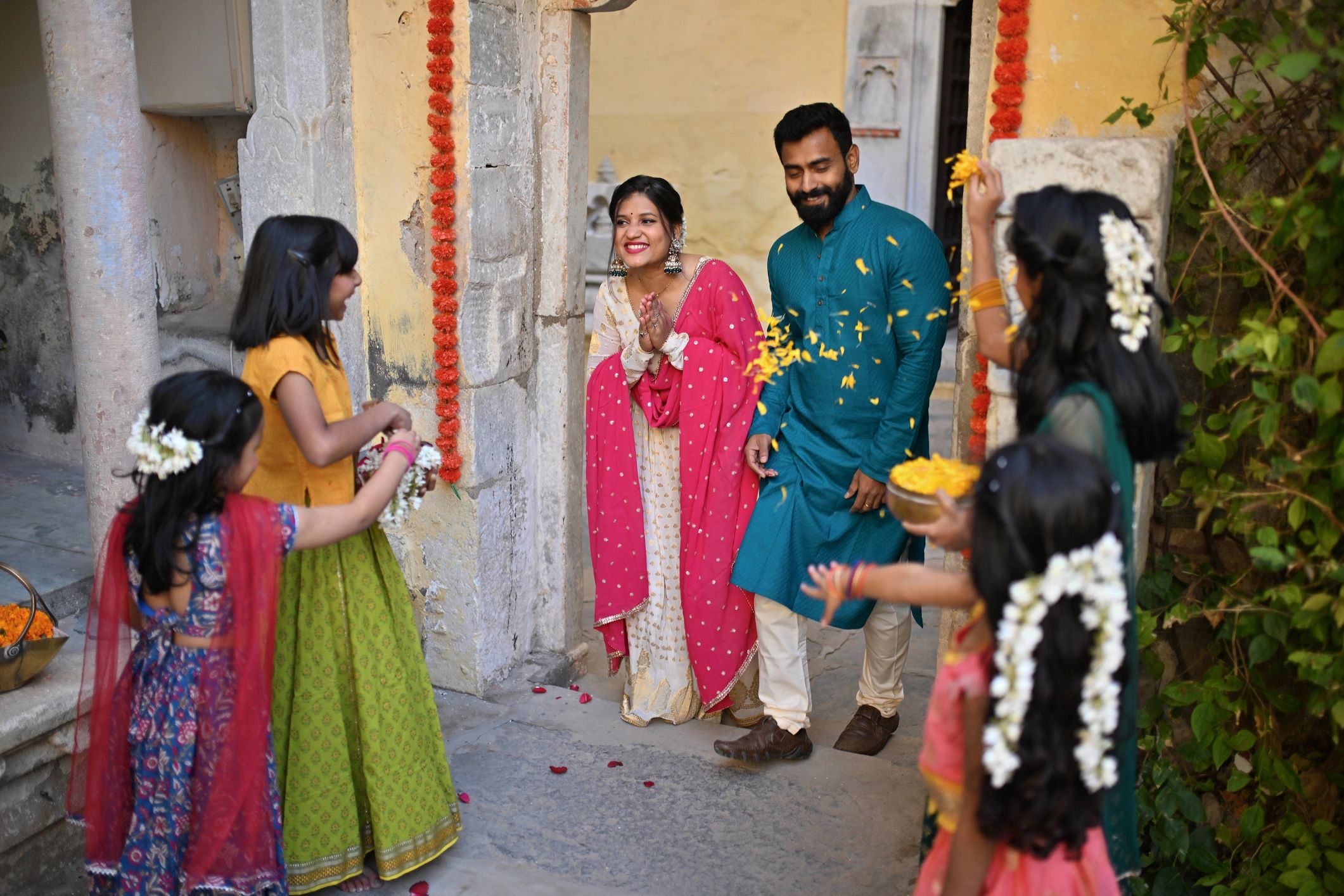 Wedding welcome moment with flower petals
