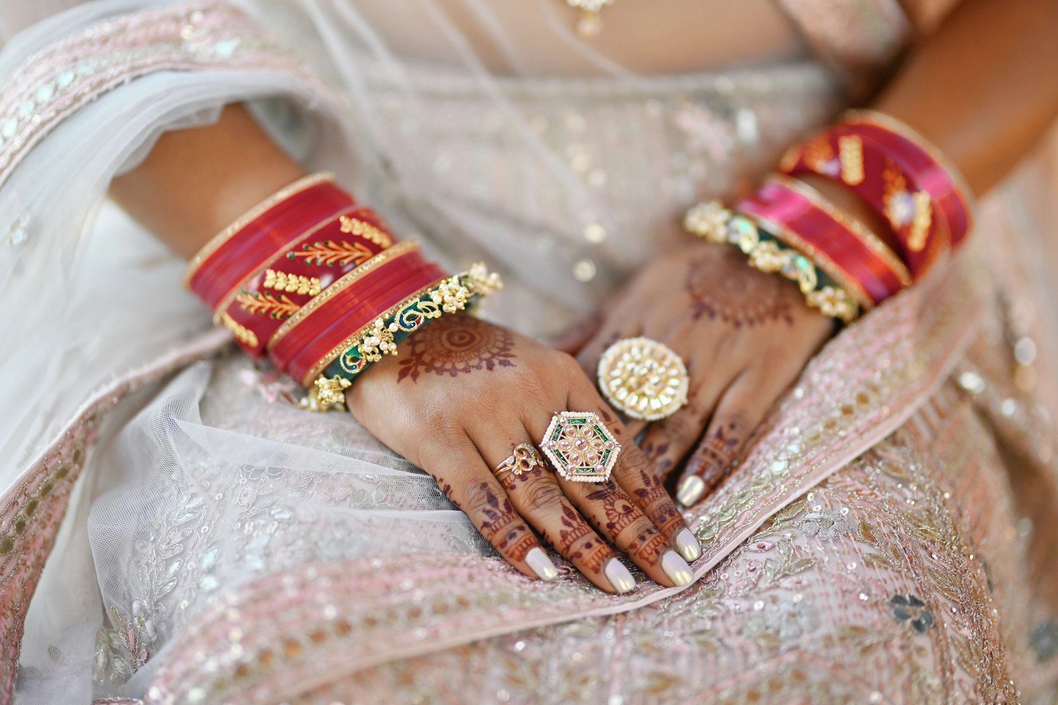Close-up of Indian bride hands with henna and bangles